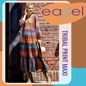 EASEL Tribal Aztec Print Oversized & Flowy Maxi Dress 3/4 Length Bubble Sleeves